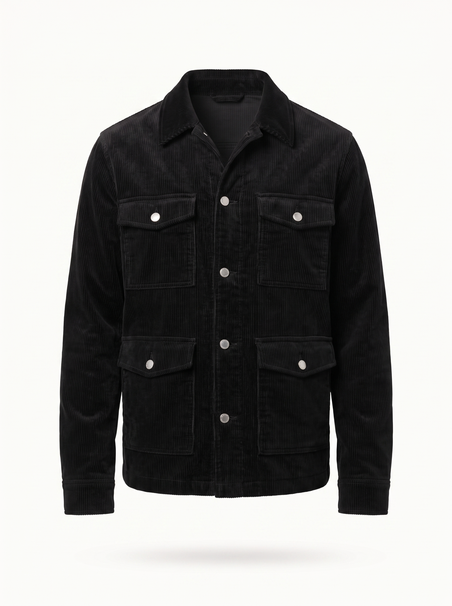 Black corduroy cargo jacket product shot on white background