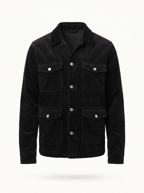 Black corduroy cargo jacket product shot on white background