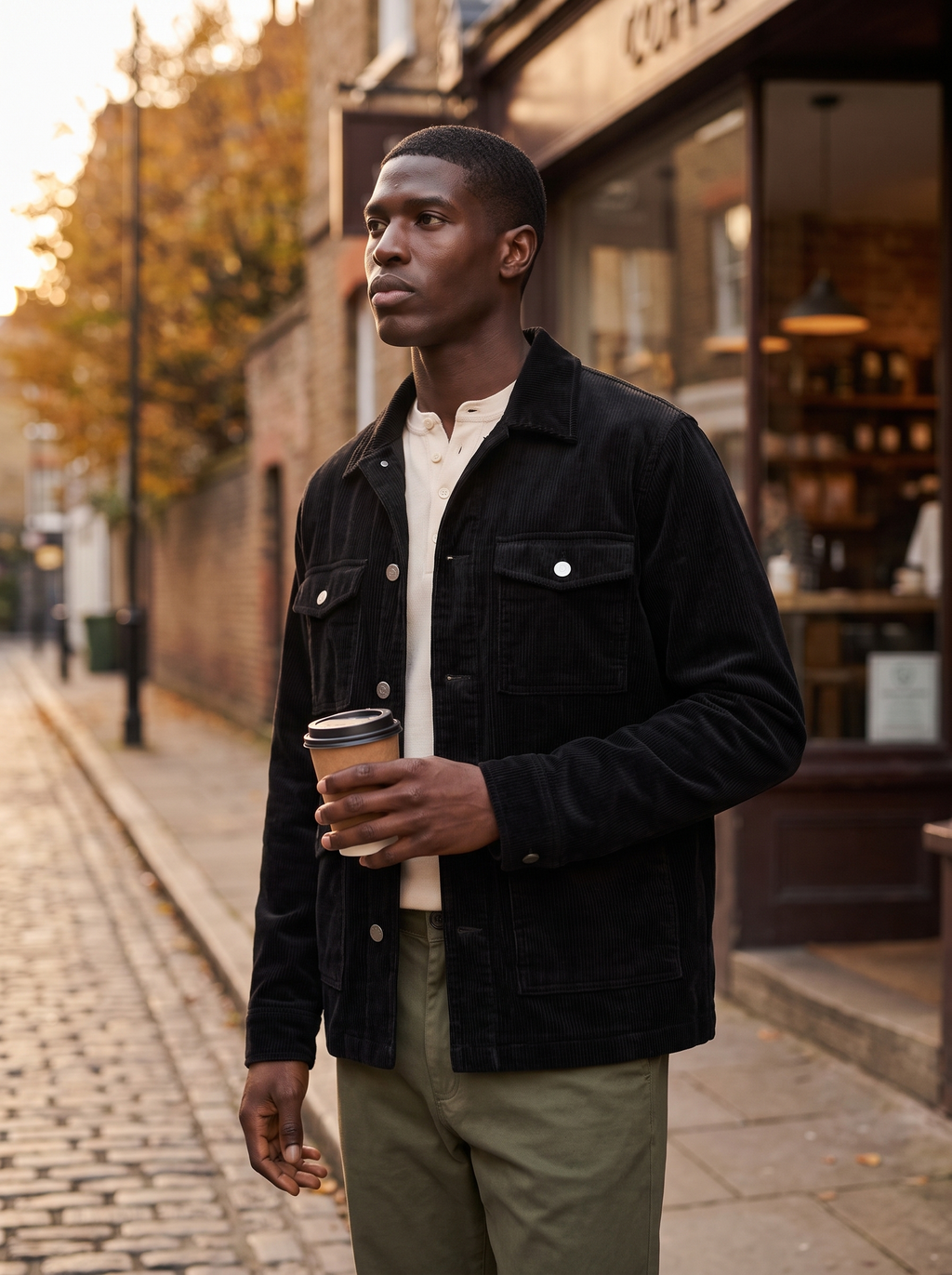 Man wearing black corduroy cargo jacket at coffee shop window, lifestyle