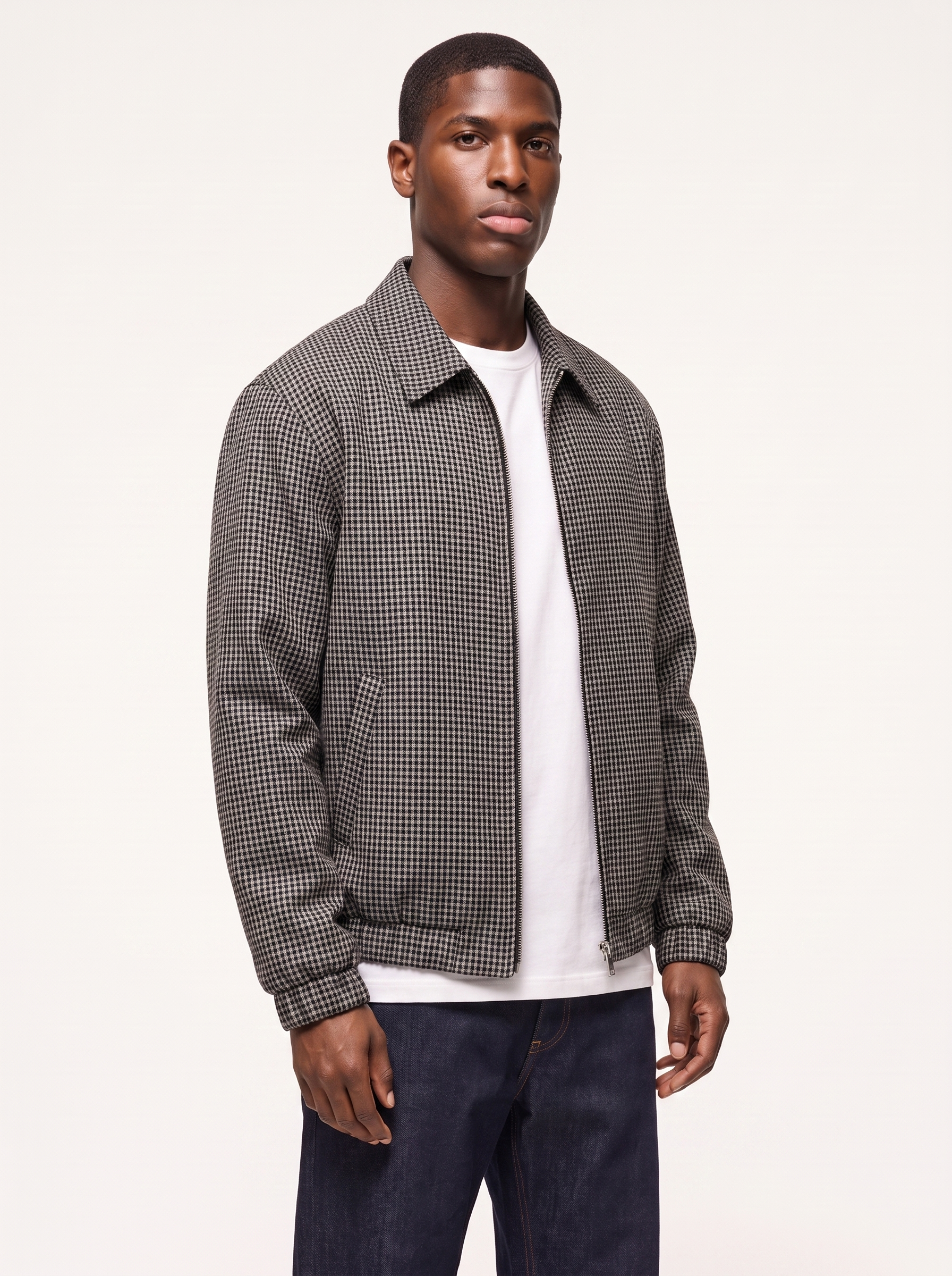 Micro plaid harrington jacket fit three quarter view