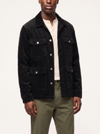 Black corduroy cargo jacket fit three quarter view