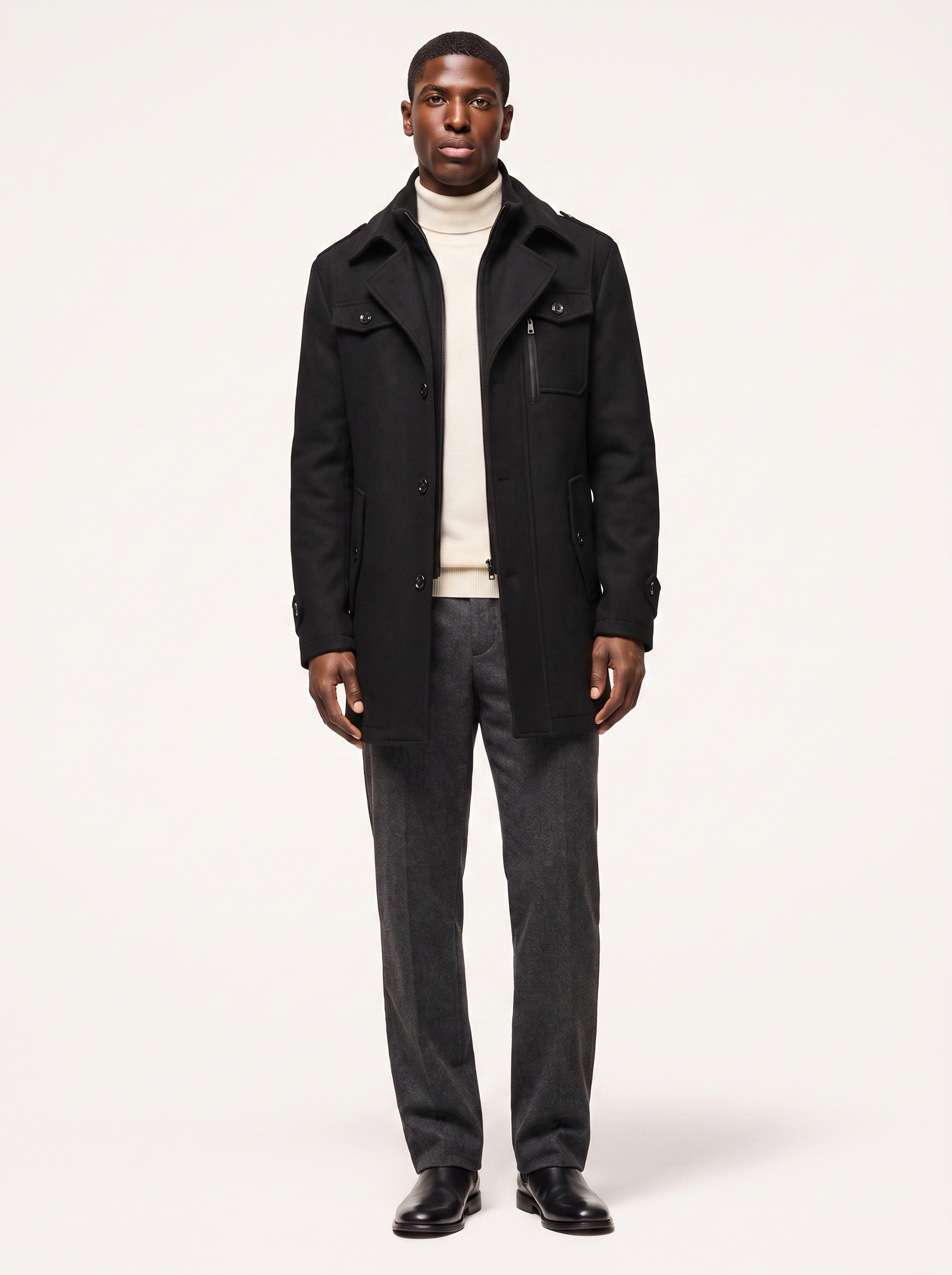 Wool blend pea coat worn by model, front view on white