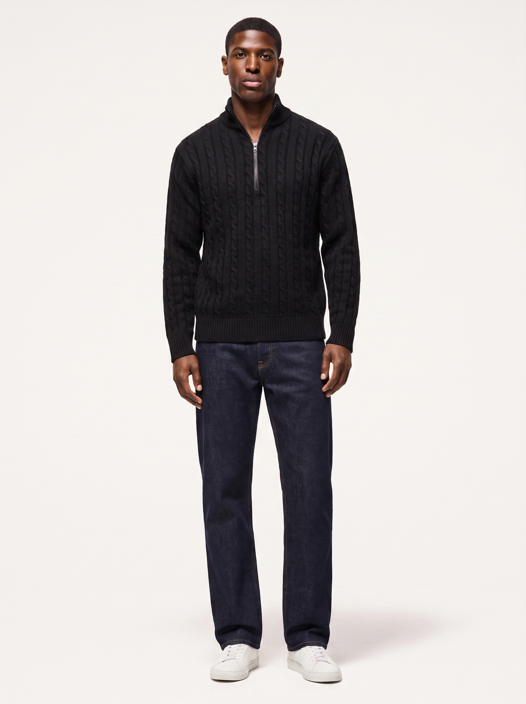 Knit quarter zip pullover sweater worn by model, front view on white