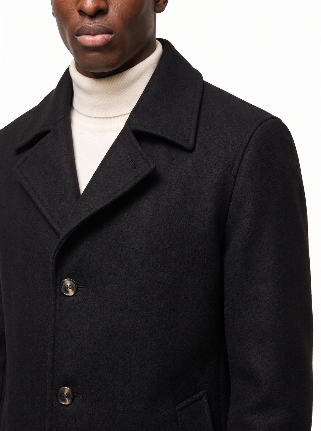 Pea coat notched collar and button close up detail