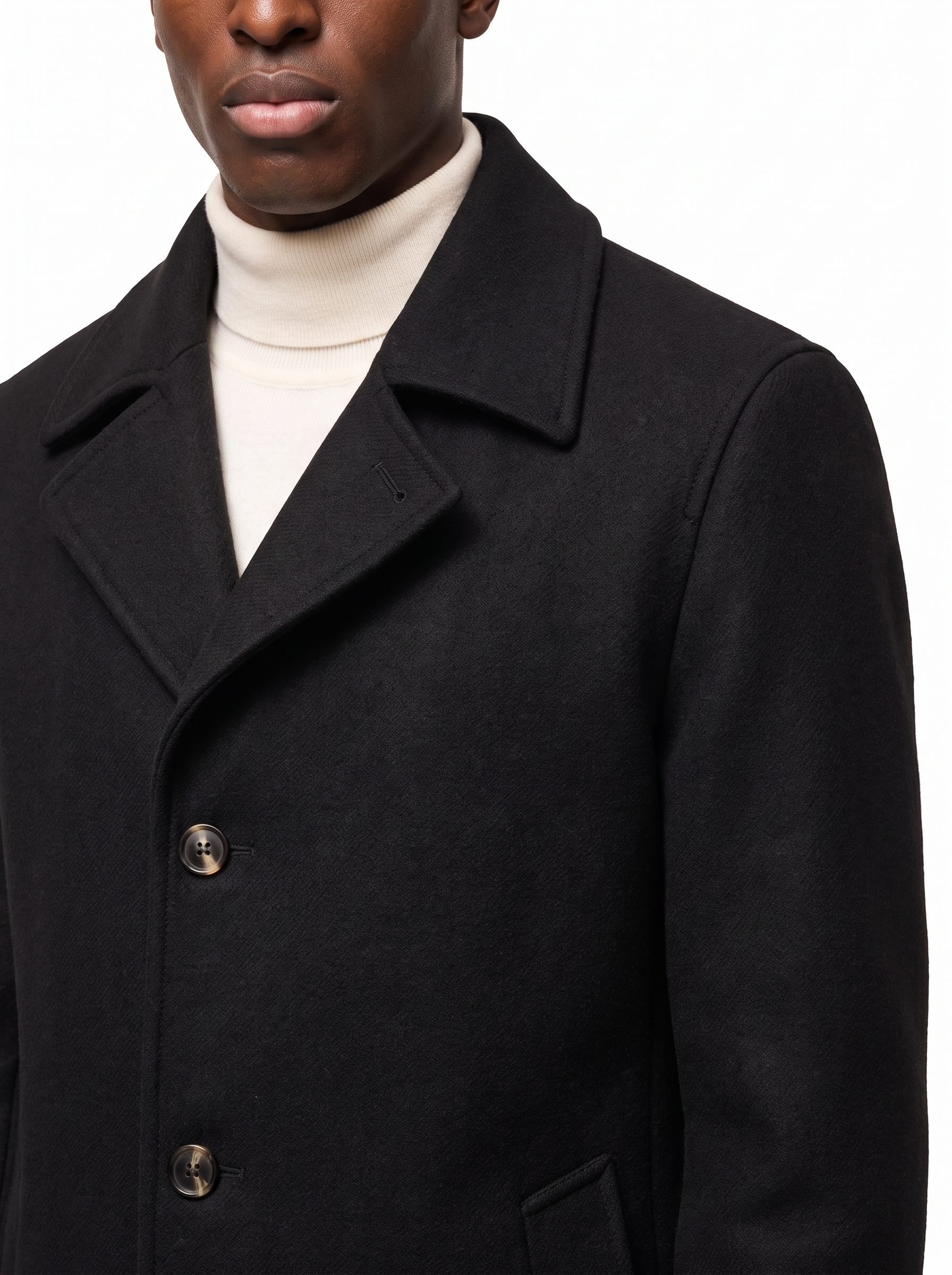 Pea coat notched collar and button close up detail
