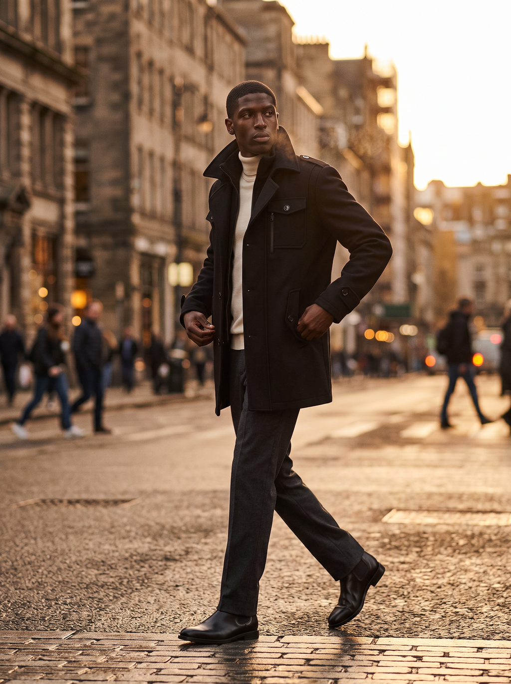 Man wearing wool pea coat crossing city avenue in autumn, lifestyle