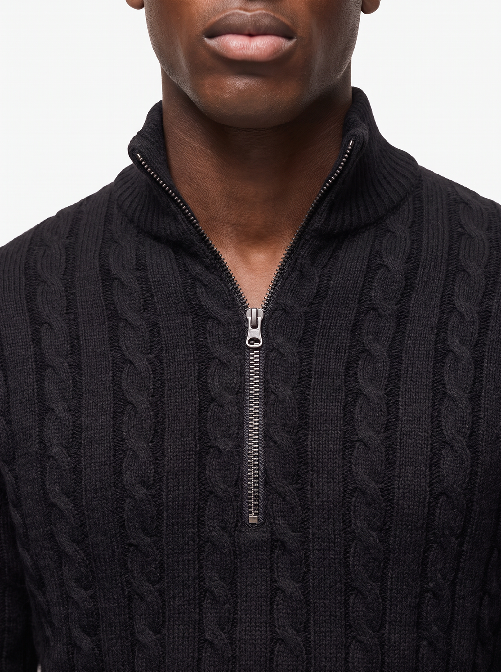 Quarter zip stand collar and zipper close up detail with knit texture