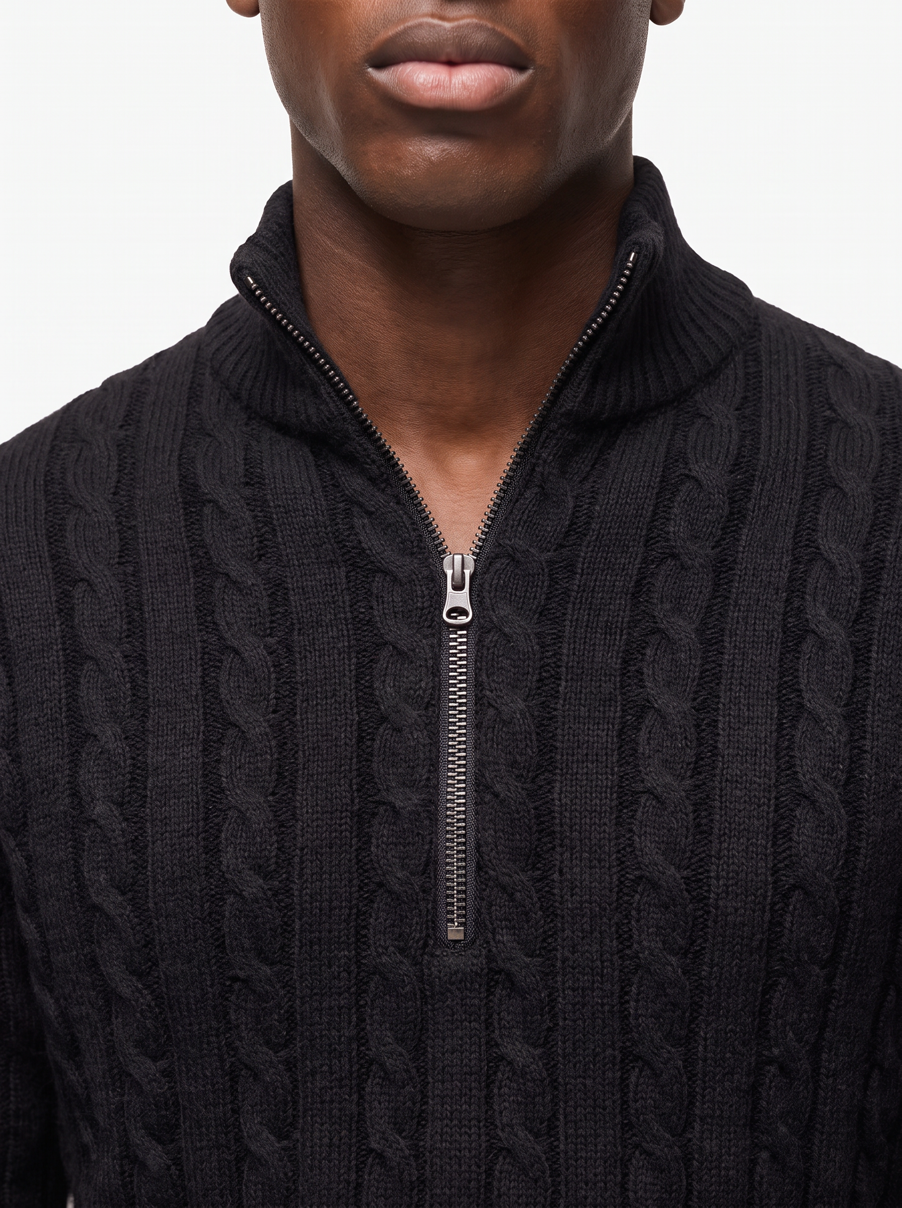 Quarter zip stand collar and zipper close up detail with knit texture
