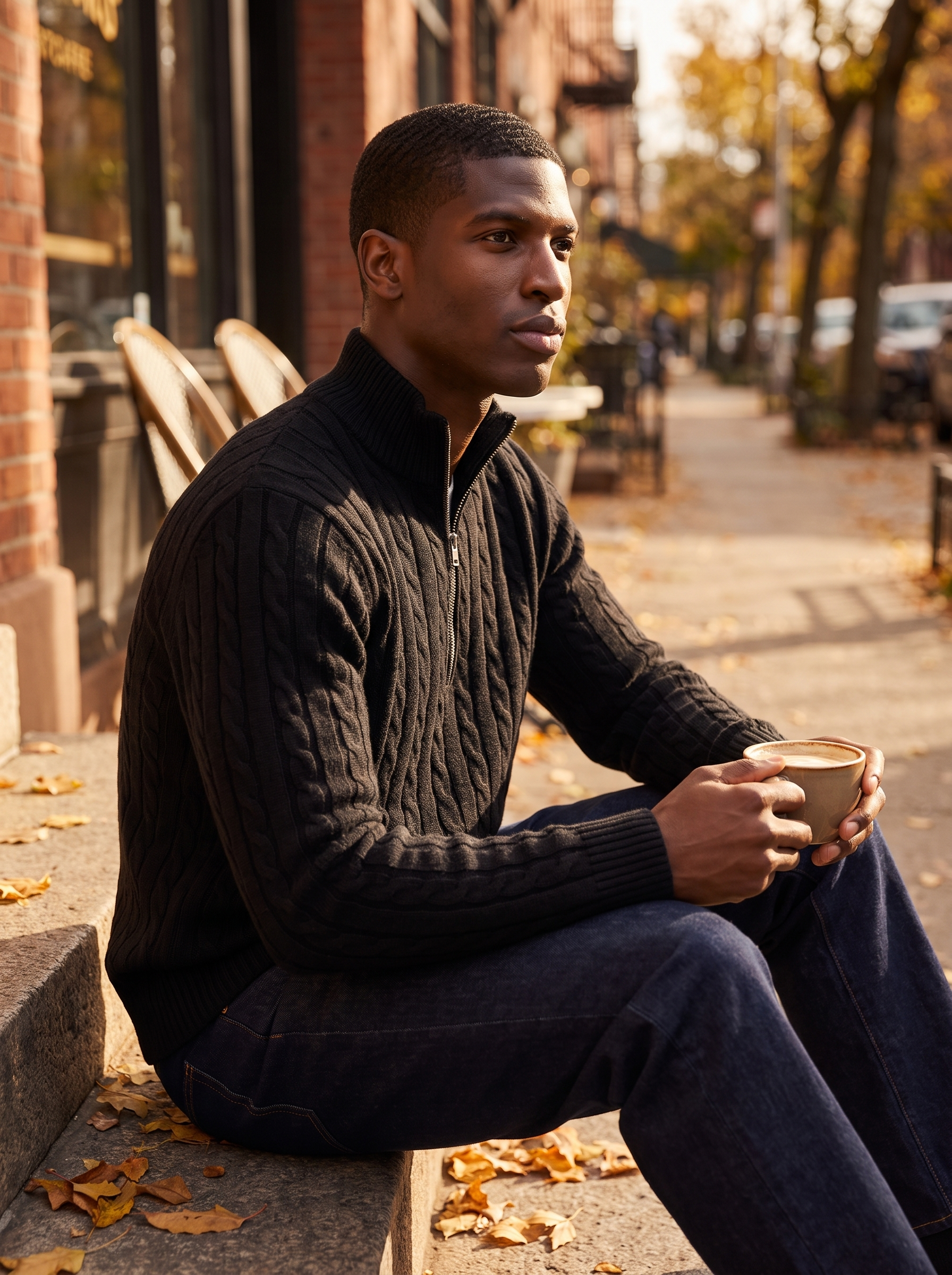 Man wearing knit quarter zip sweater on cafe steps at golden hour, lifestyle