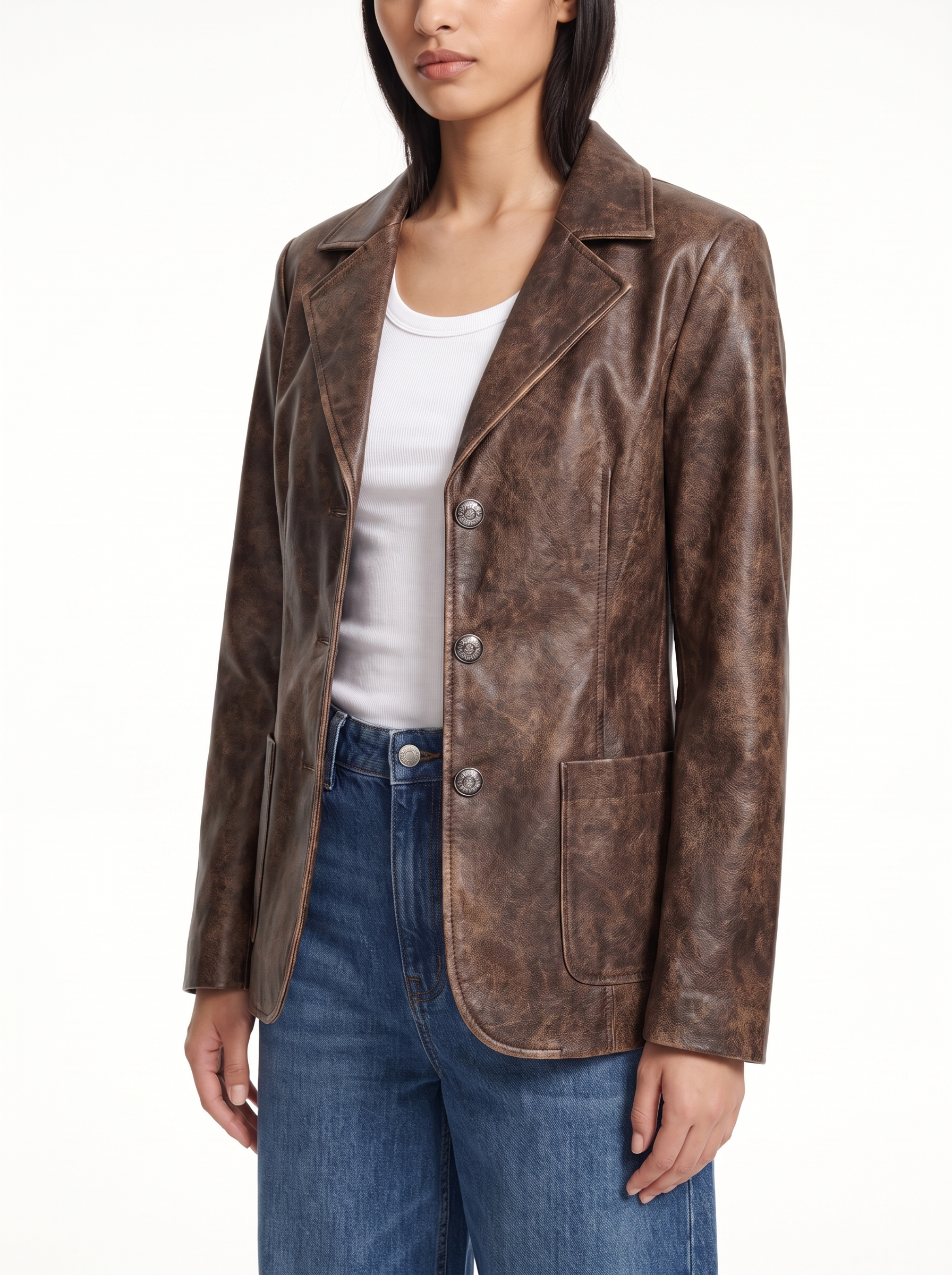 Faux leather blazer relaxed fit three quarter view
