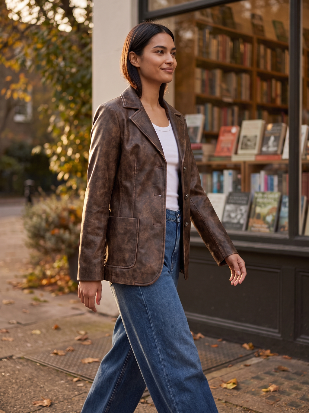 Woman wearing vintage brown faux leather blazer on city street, lifestyle