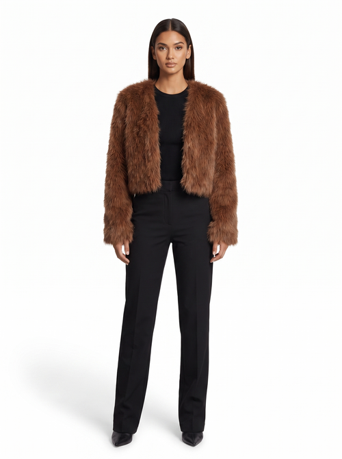 Cropped chocolate brown faux fur jacket worn by model, front view on white
