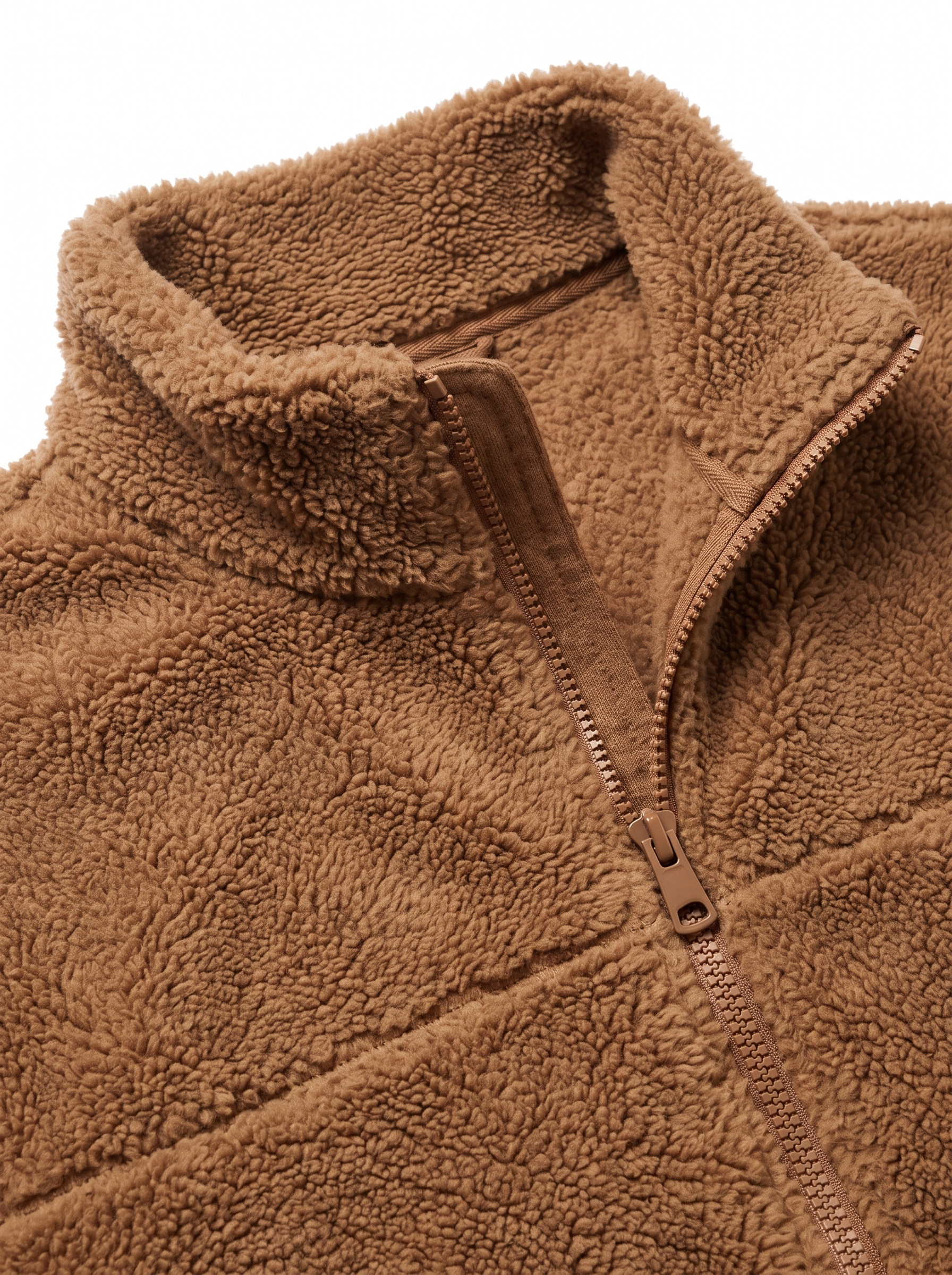 Sherpa fleece jacket zipper and stand collar close up detail