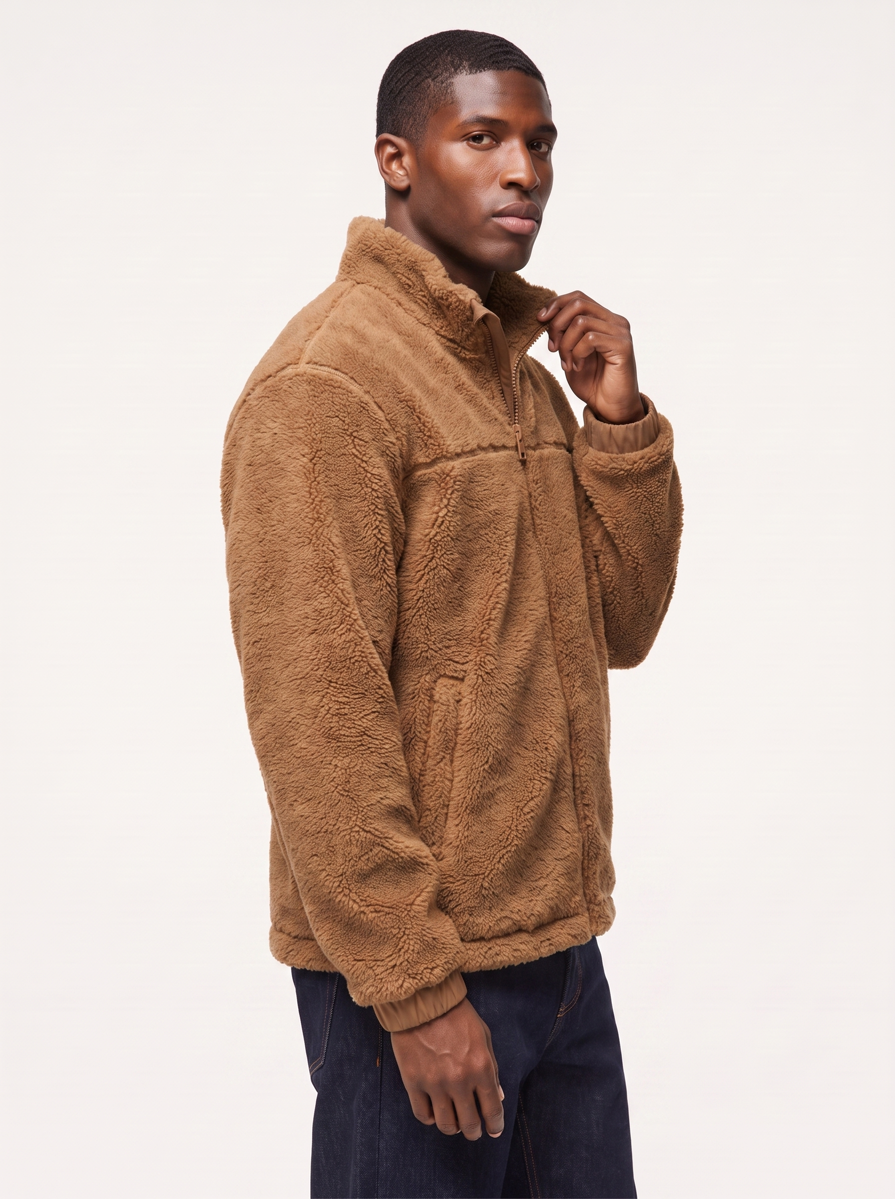 Sherpa fleece jacket relaxed fit three quarter view