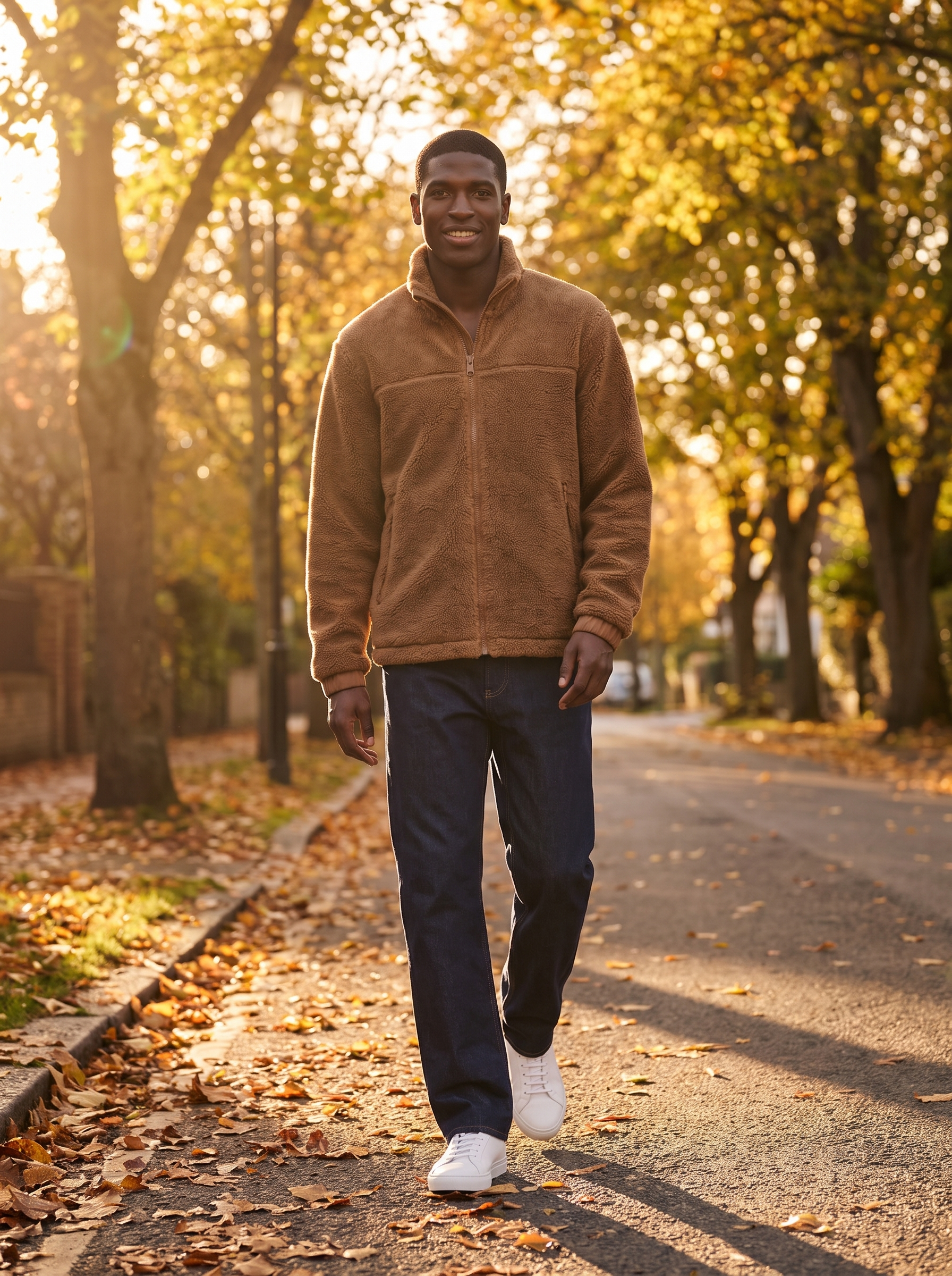 Man wearing camel sherpa fleece jacket walking tree lined street in autumn, lifestyle