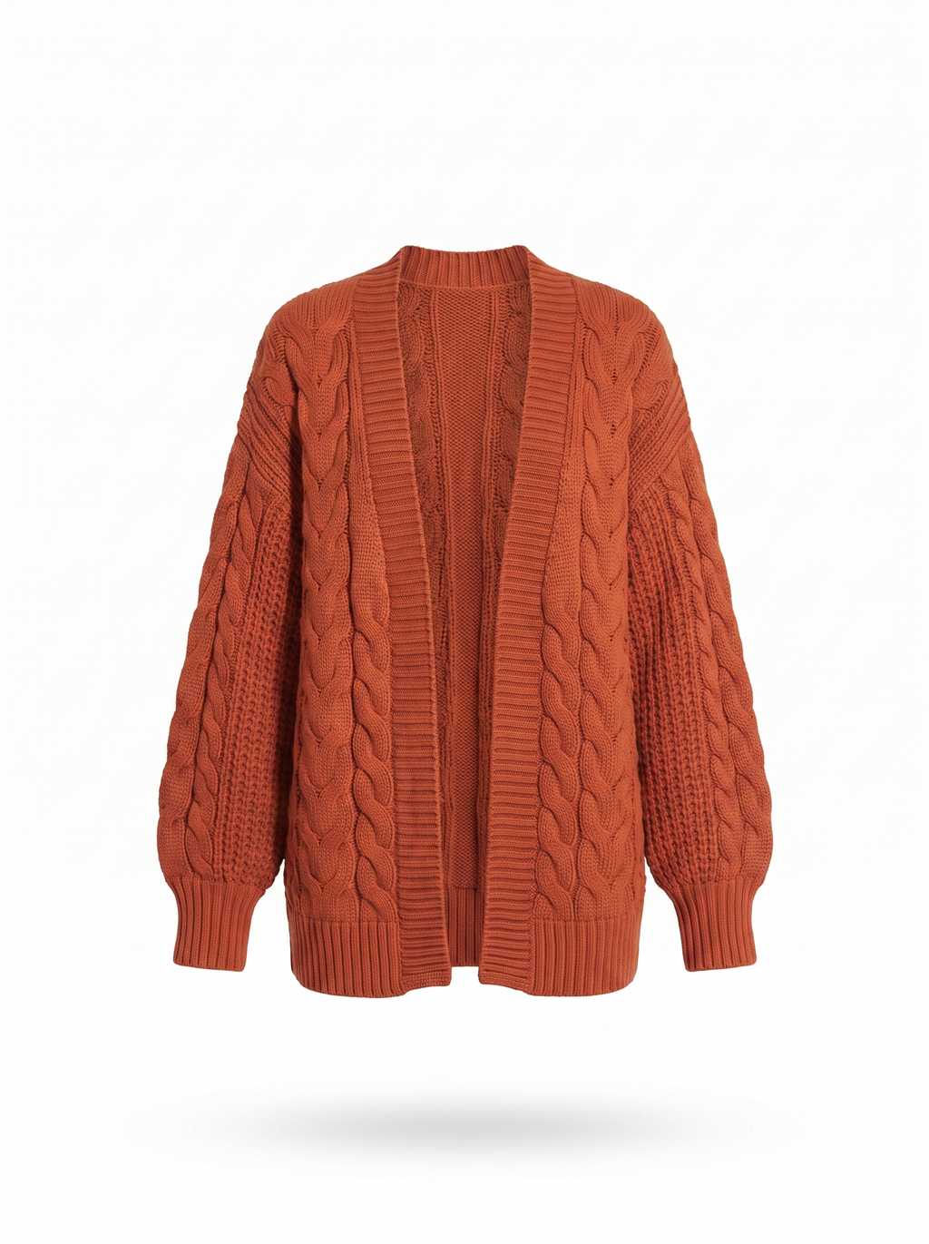Chunky cable knit cardigan product shot on white background