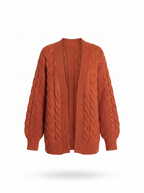 Chunky cable knit cardigan product shot on white background