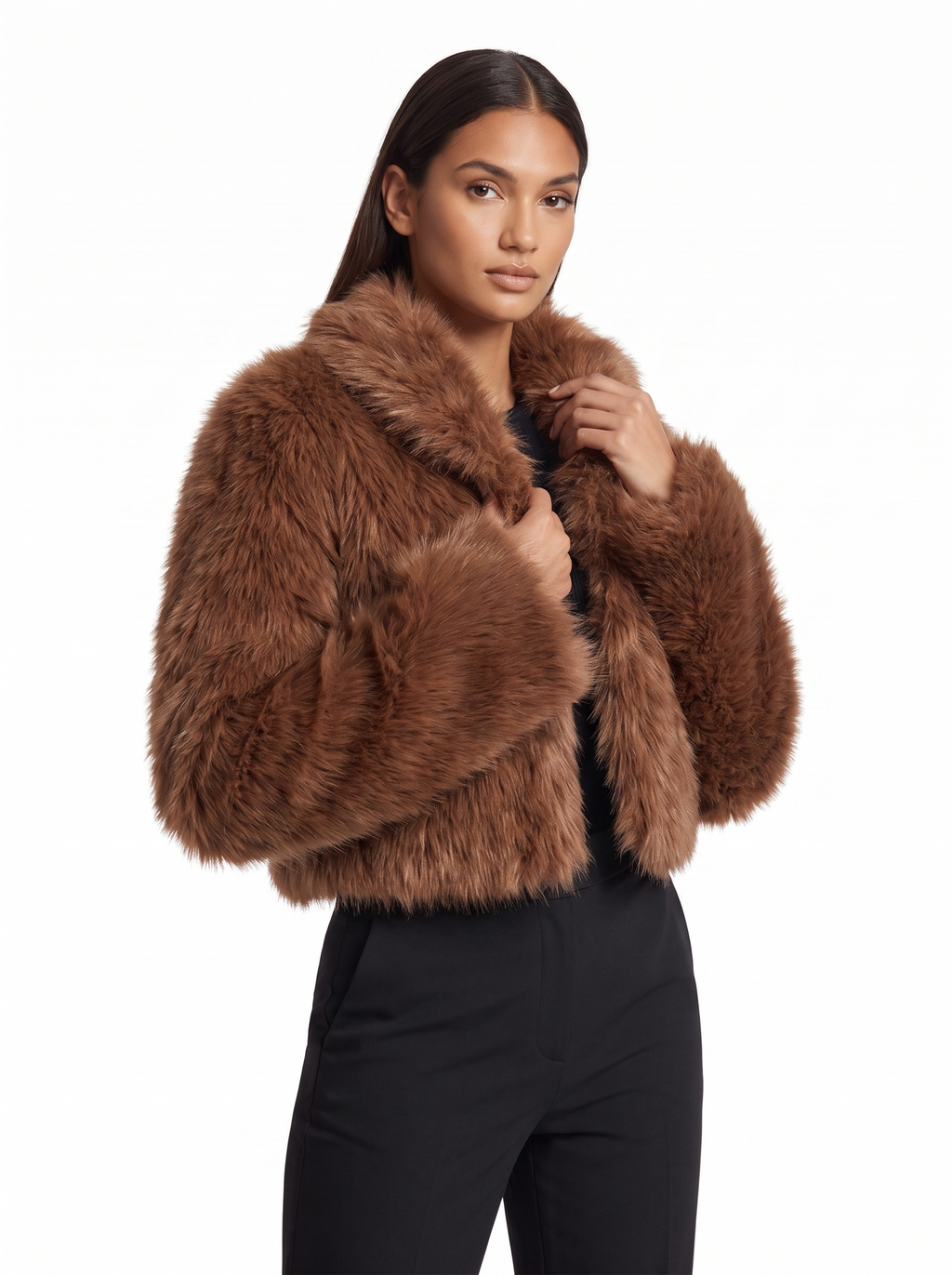Cropped faux fur jacket fit three quarter view