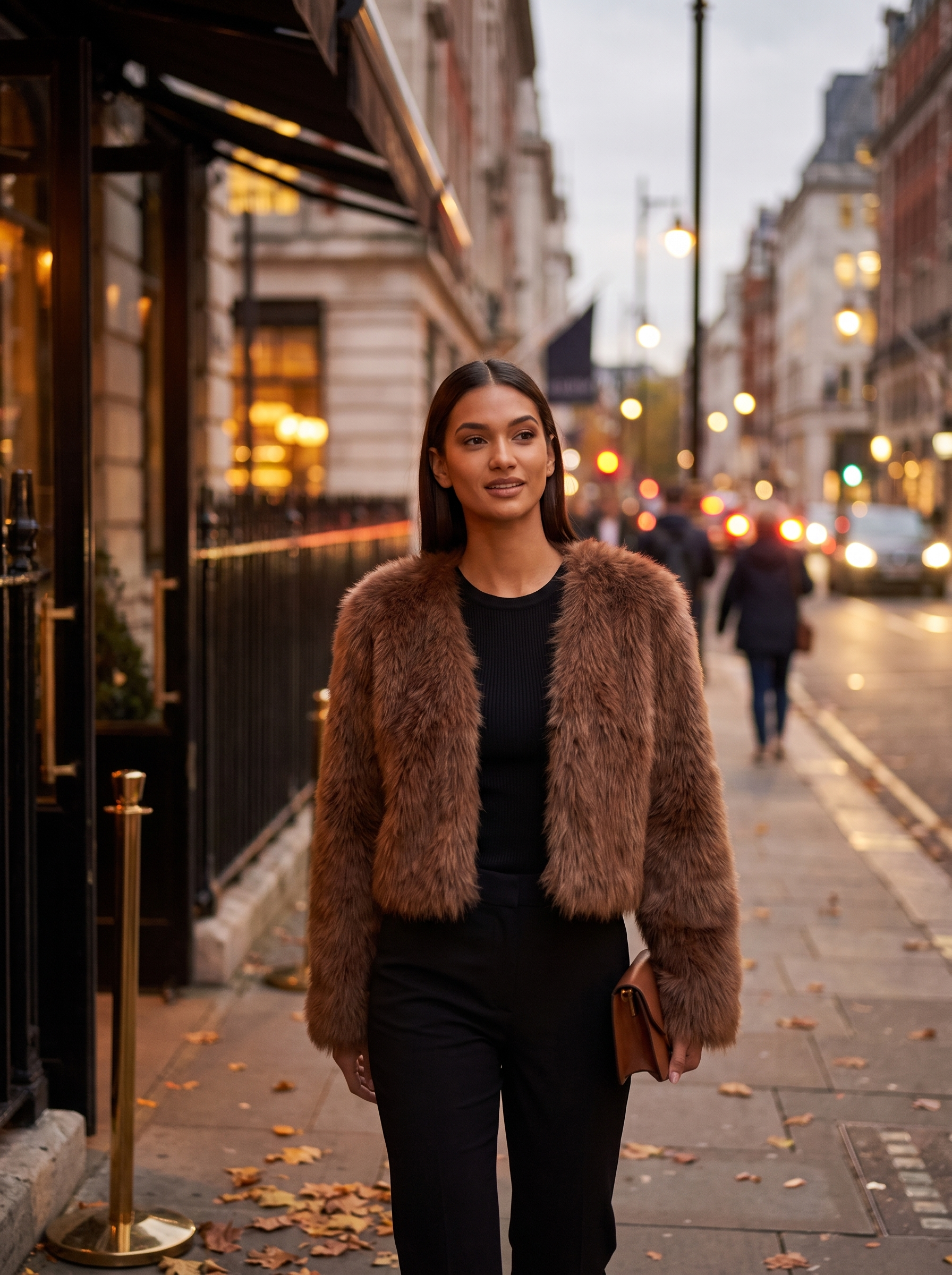 Woman wearing cropped brown faux fur jacket on evening city street, lifestyle