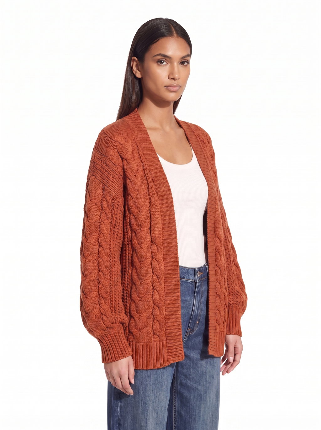 Cable knit cardigan oversized fit three quarter view