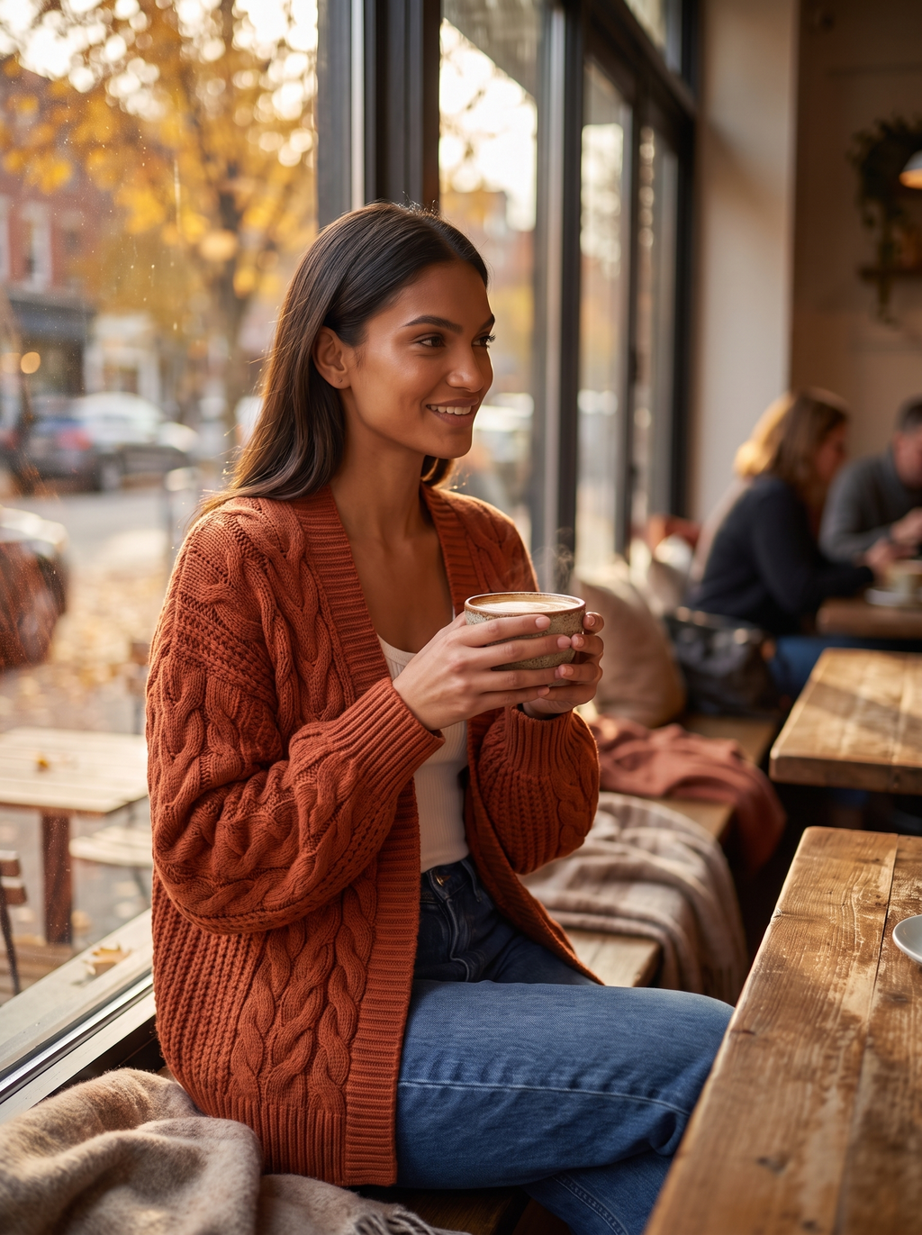 Woman wearing rust cable knit cardigan in cafe window light, lifestyle