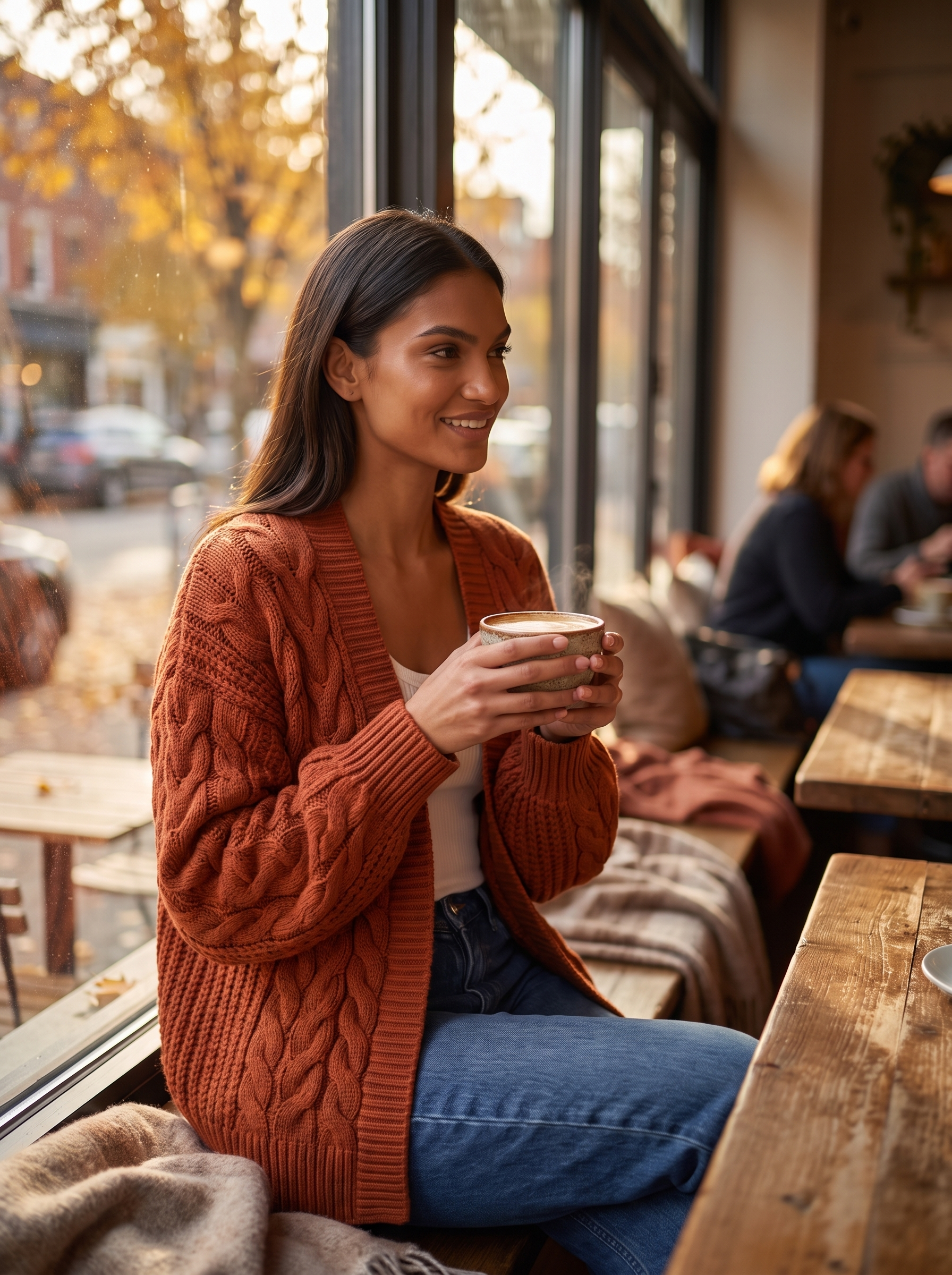 Woman wearing rust cable knit cardigan in cafe window light, lifestyle