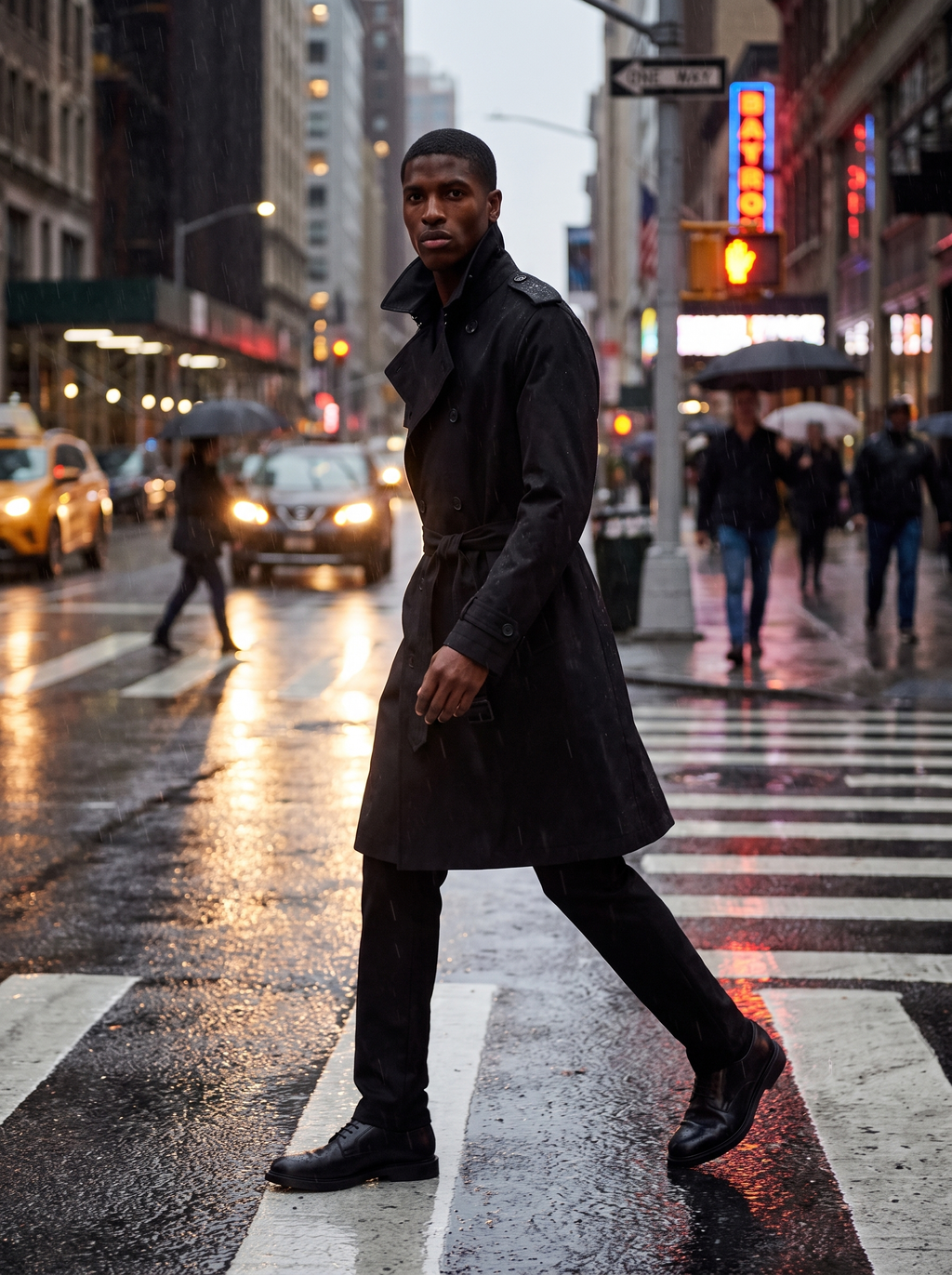 Man wearing black belted trench coat on rainy city crosswalk at dusk, lifestyle