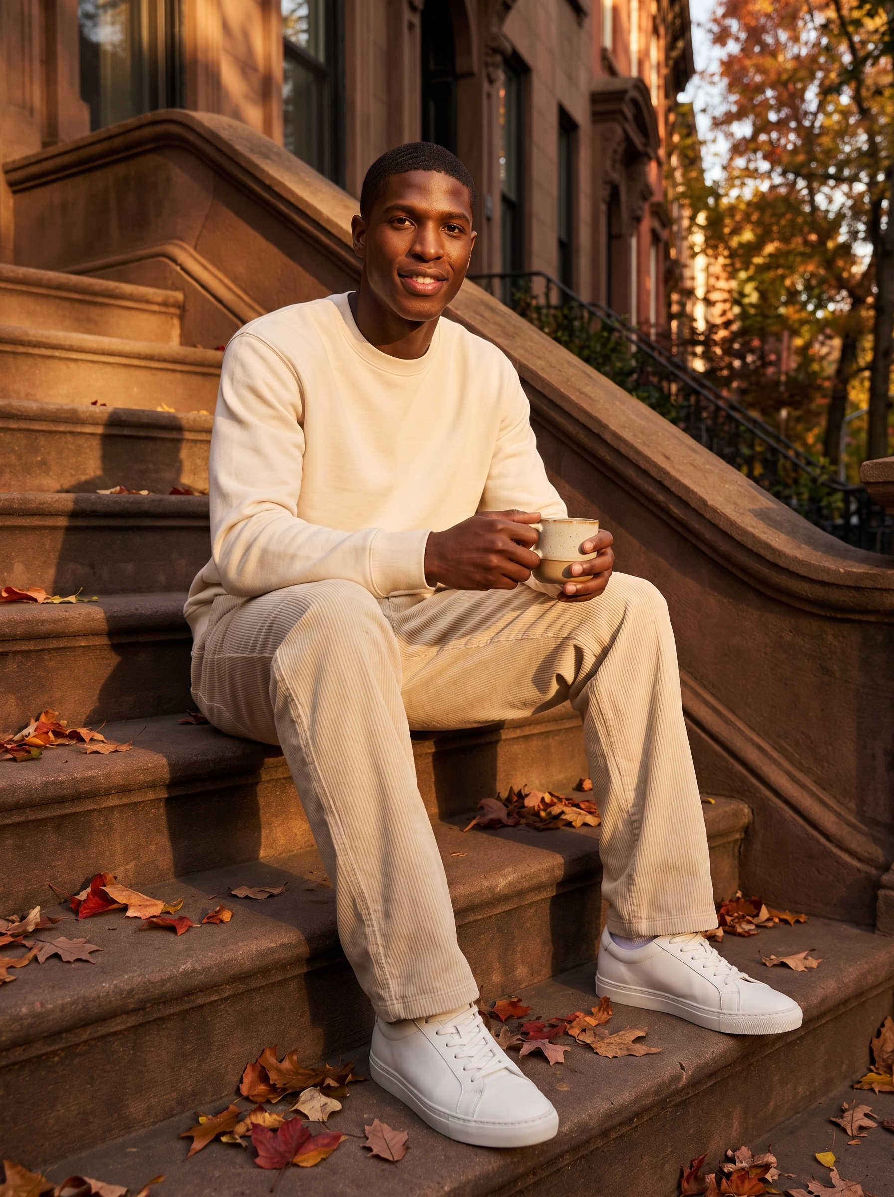 Man wearing beige corduroy pants sitting on brownstone steps, lifestyle