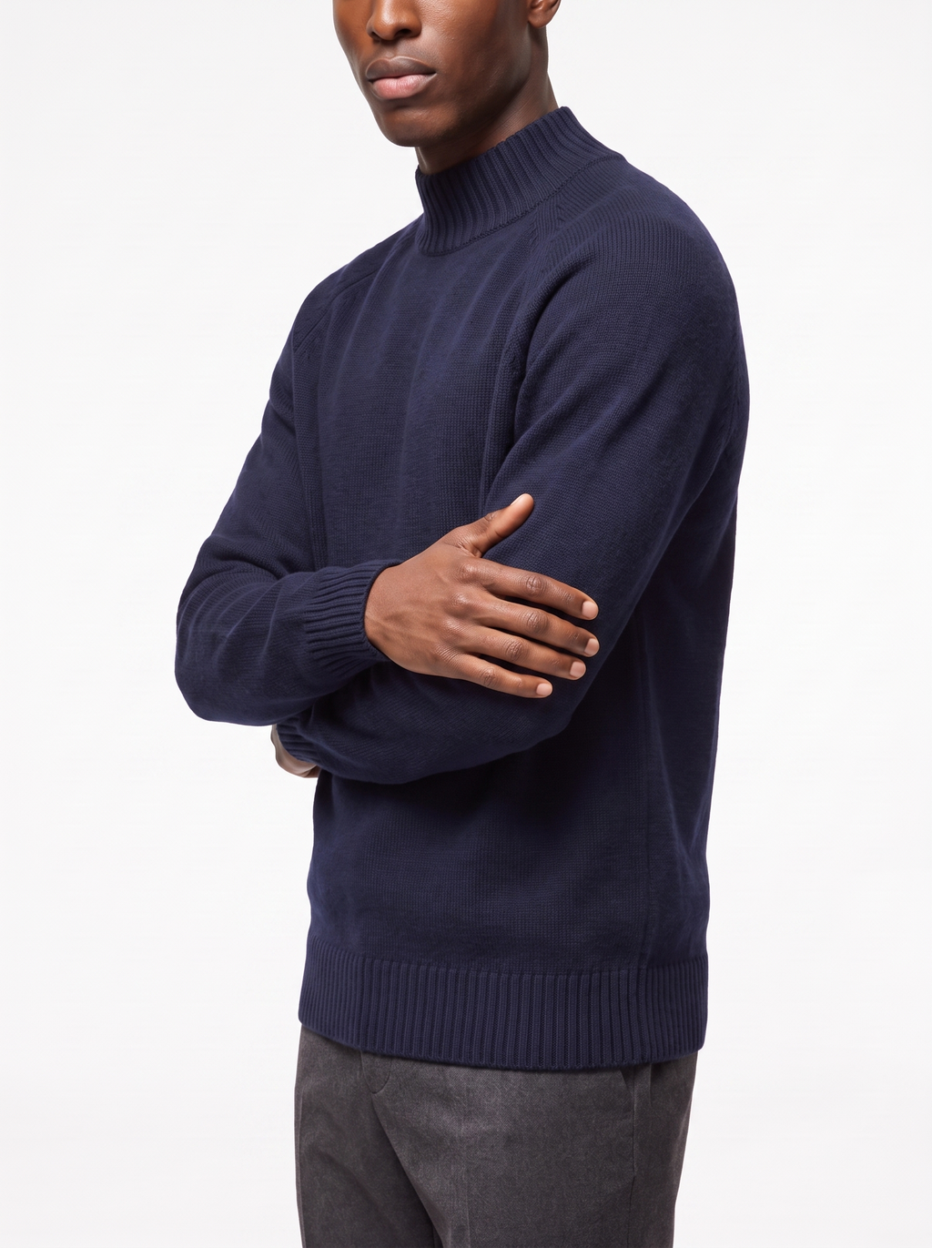 Navy mock neck sweater regular fit three quarter view