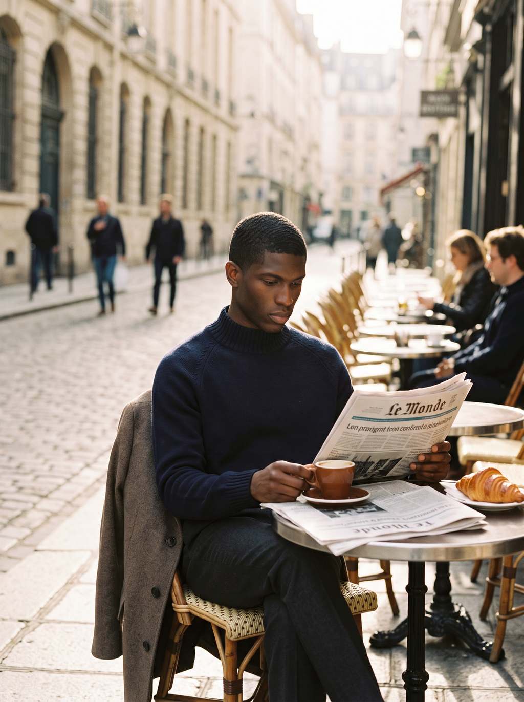 Man wearing navy mock neck sweater reading at outdoor cafe, lifestyle
