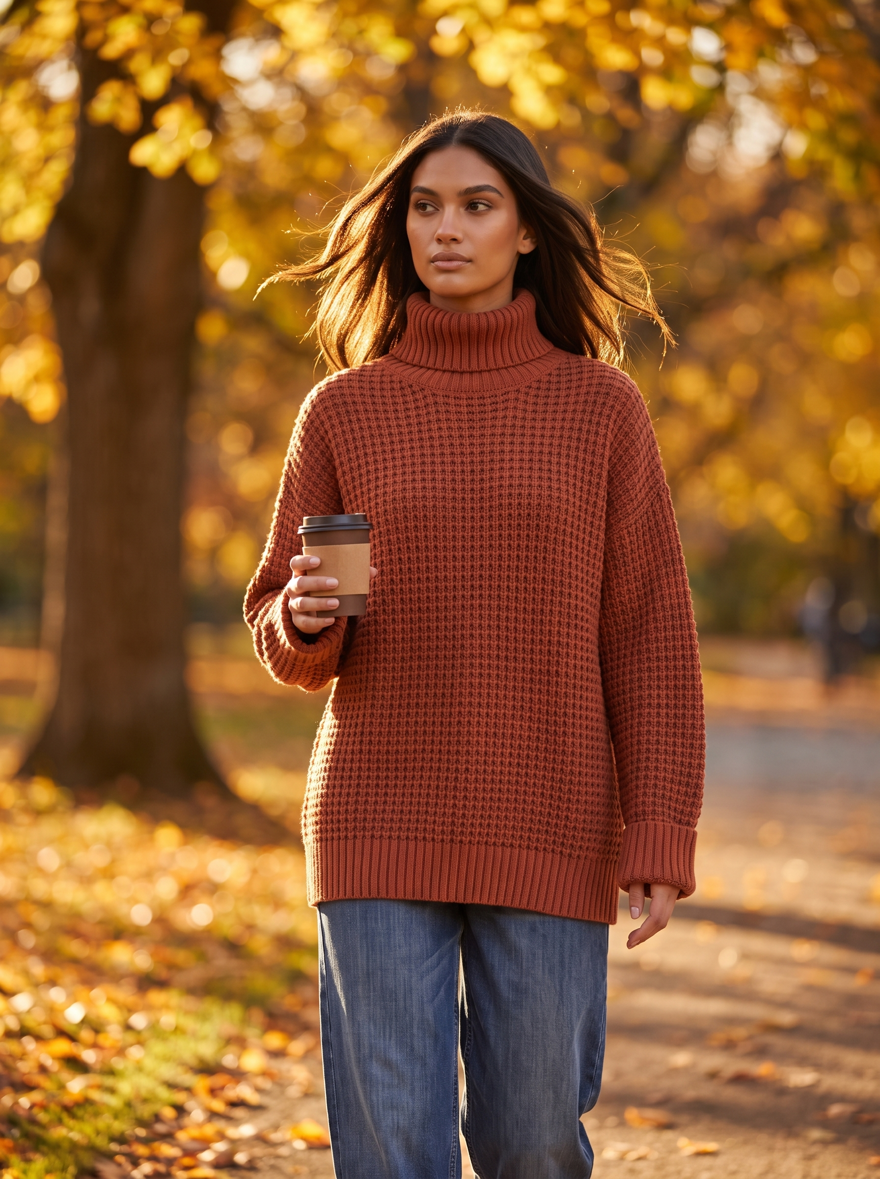 Woman wearing brick red oversized turtleneck walking through autumn park, lifestyle