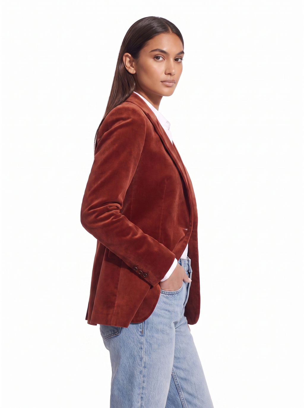 Velvet blazer tailored fit three quarter view