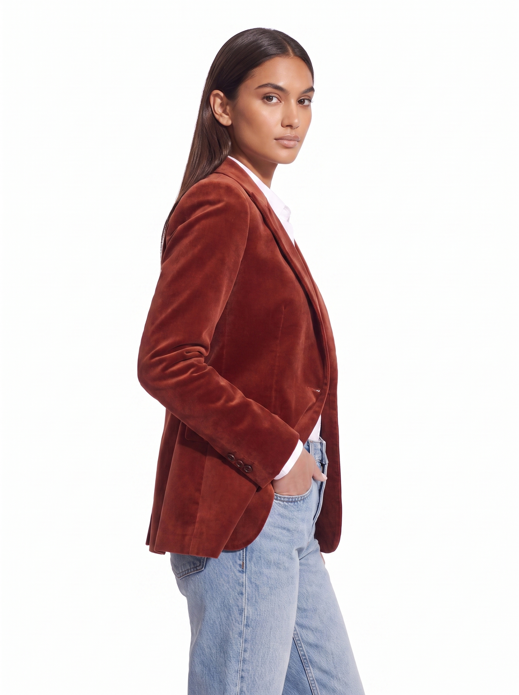 Velvet blazer tailored fit three quarter view