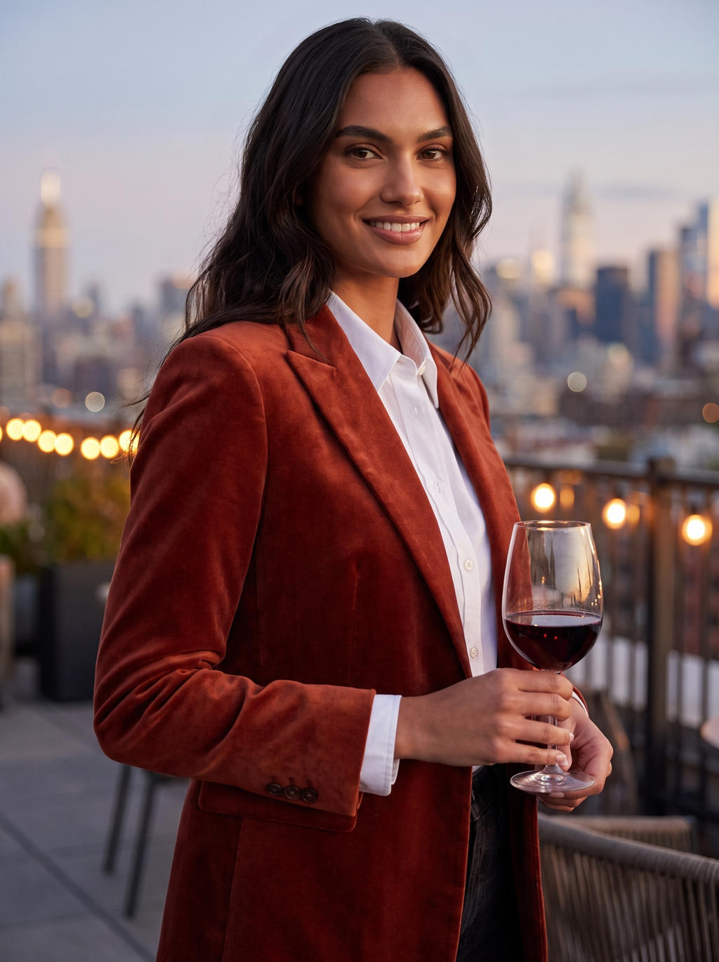 Woman wearing brick red velvet blazer at evening rooftop bar, lifestyle