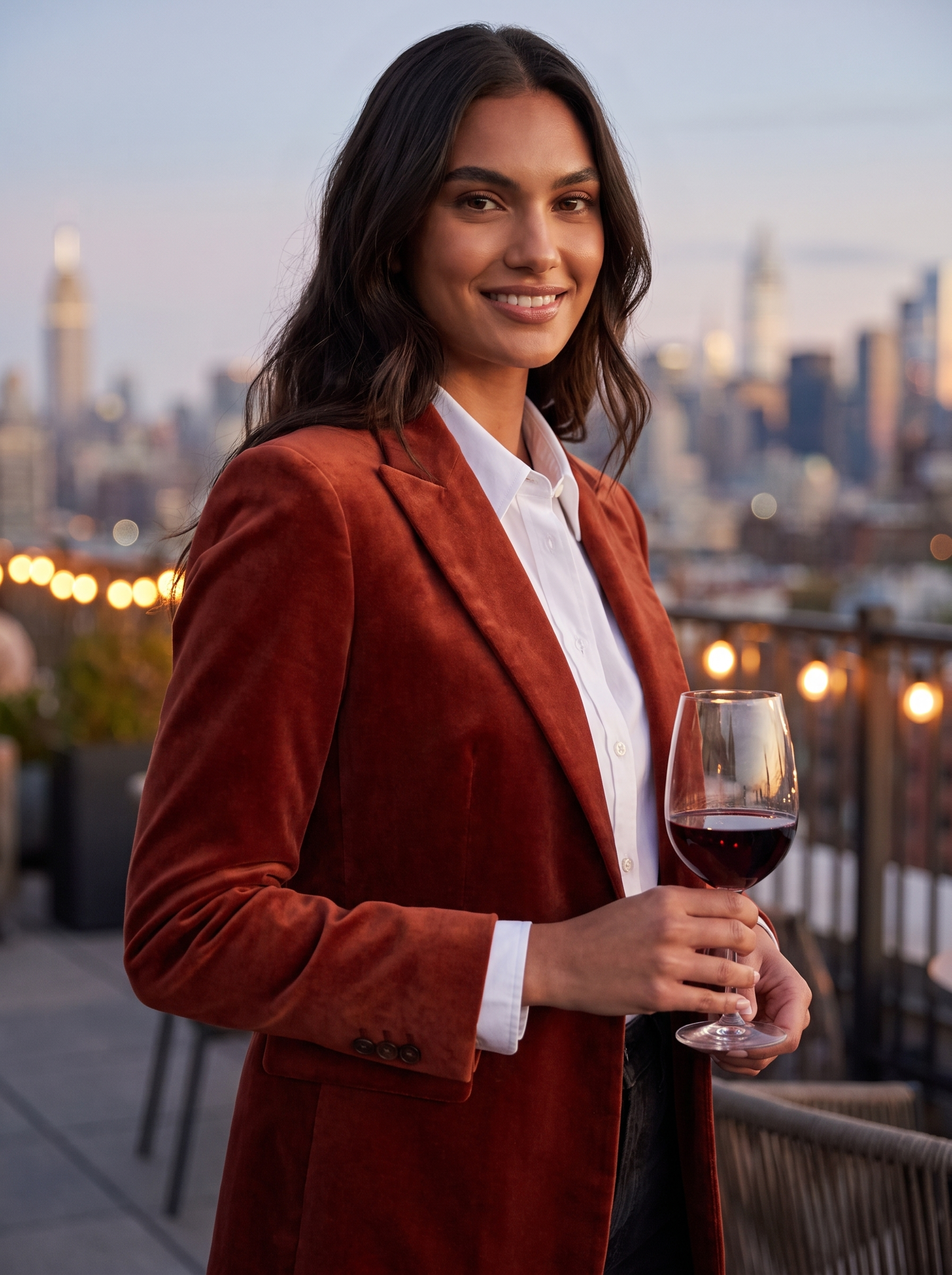 Woman wearing brick red velvet blazer at evening rooftop bar, lifestyle
