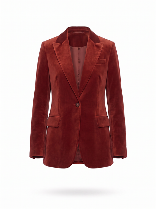 Brick red velvet blazer product shot on white background