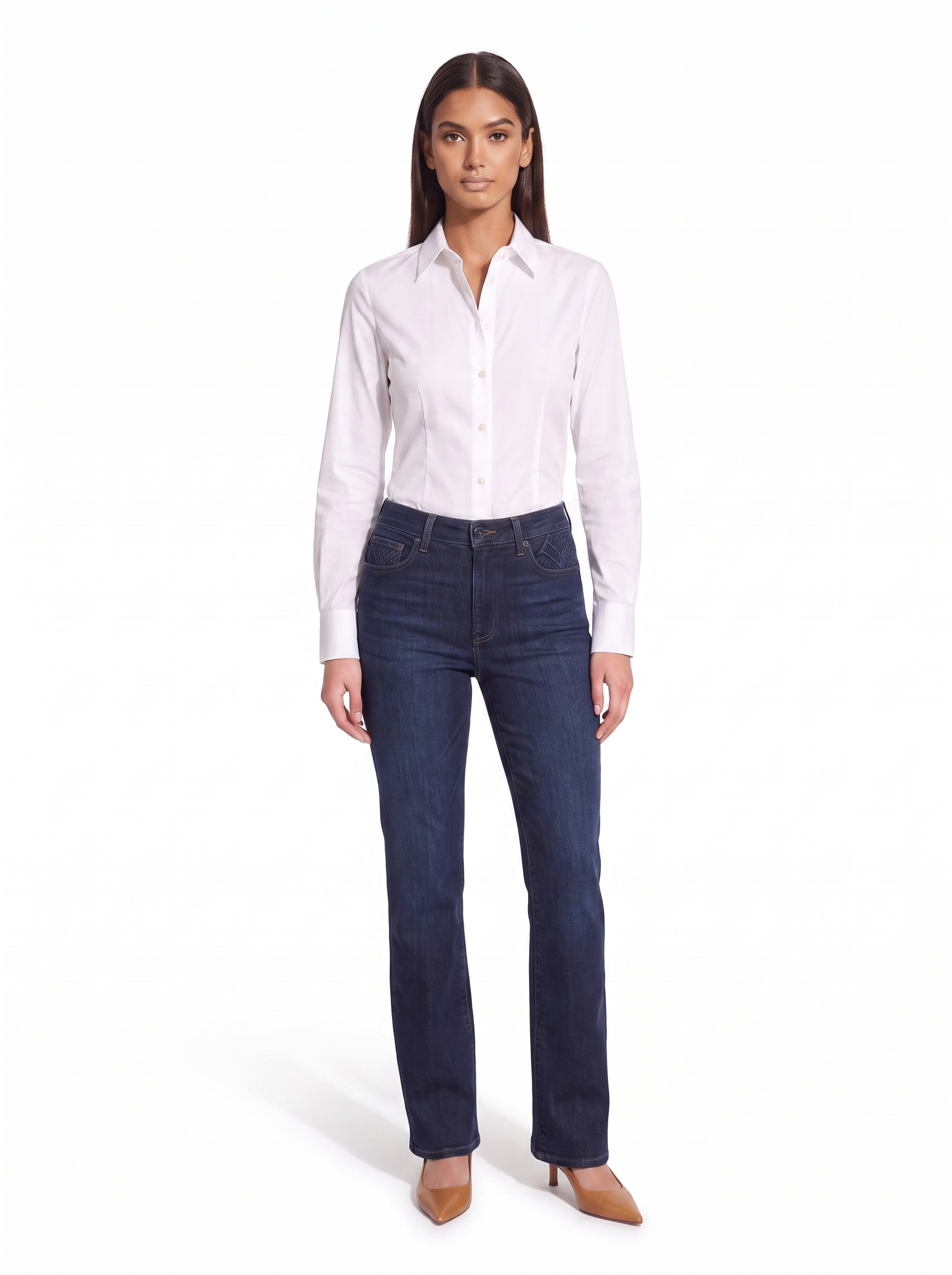 High waist dark indigo bootcut jeans worn by model, front view on white