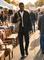 Man wearing black chore jacket at weekend flea market, lifestyle