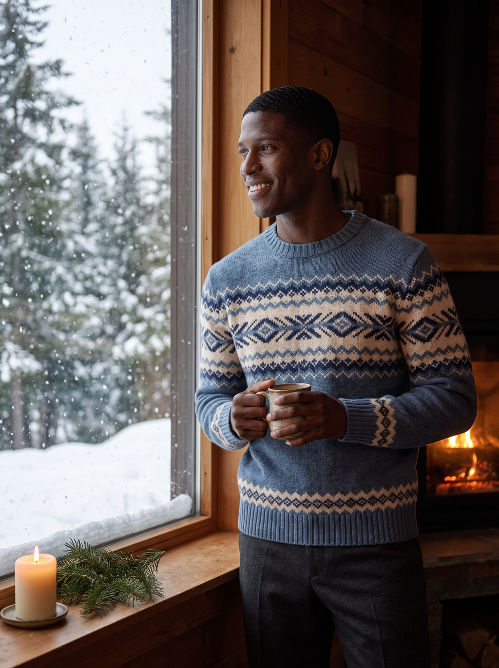 Man wearing Fair Isle sweater in cozy cabin with snow outside, lifestyle