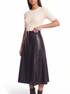 Faux leather midi skirt flare and length three quarter view