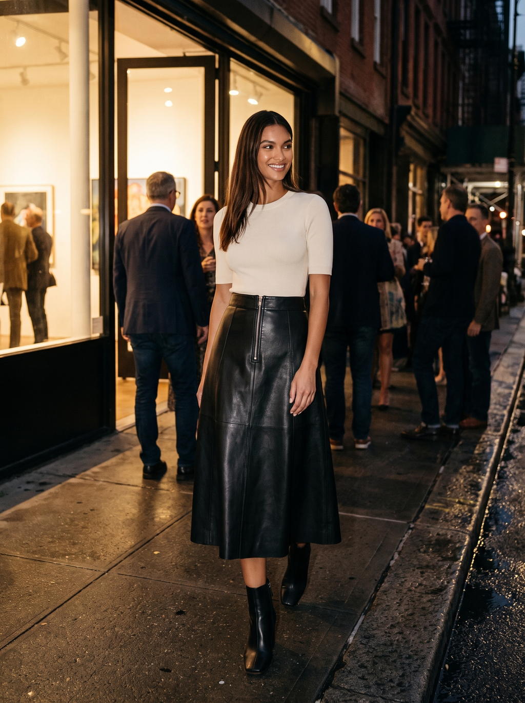 Woman wearing faux leather midi skirt at evening gallery opening, lifestyle
