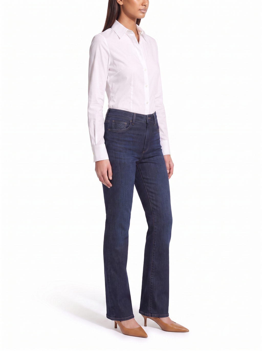 Bootcut jeans fitted hip and flare three quarter view