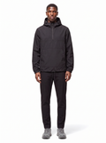 Black half zip hooded anorak worn by model, front view on white