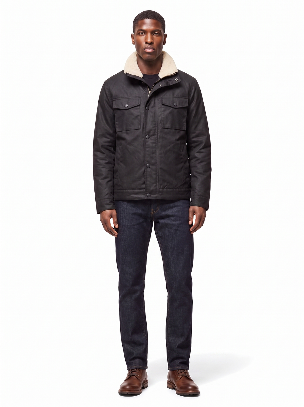 Black waxed canvas jacket with sherpa collar worn by model, front view on white