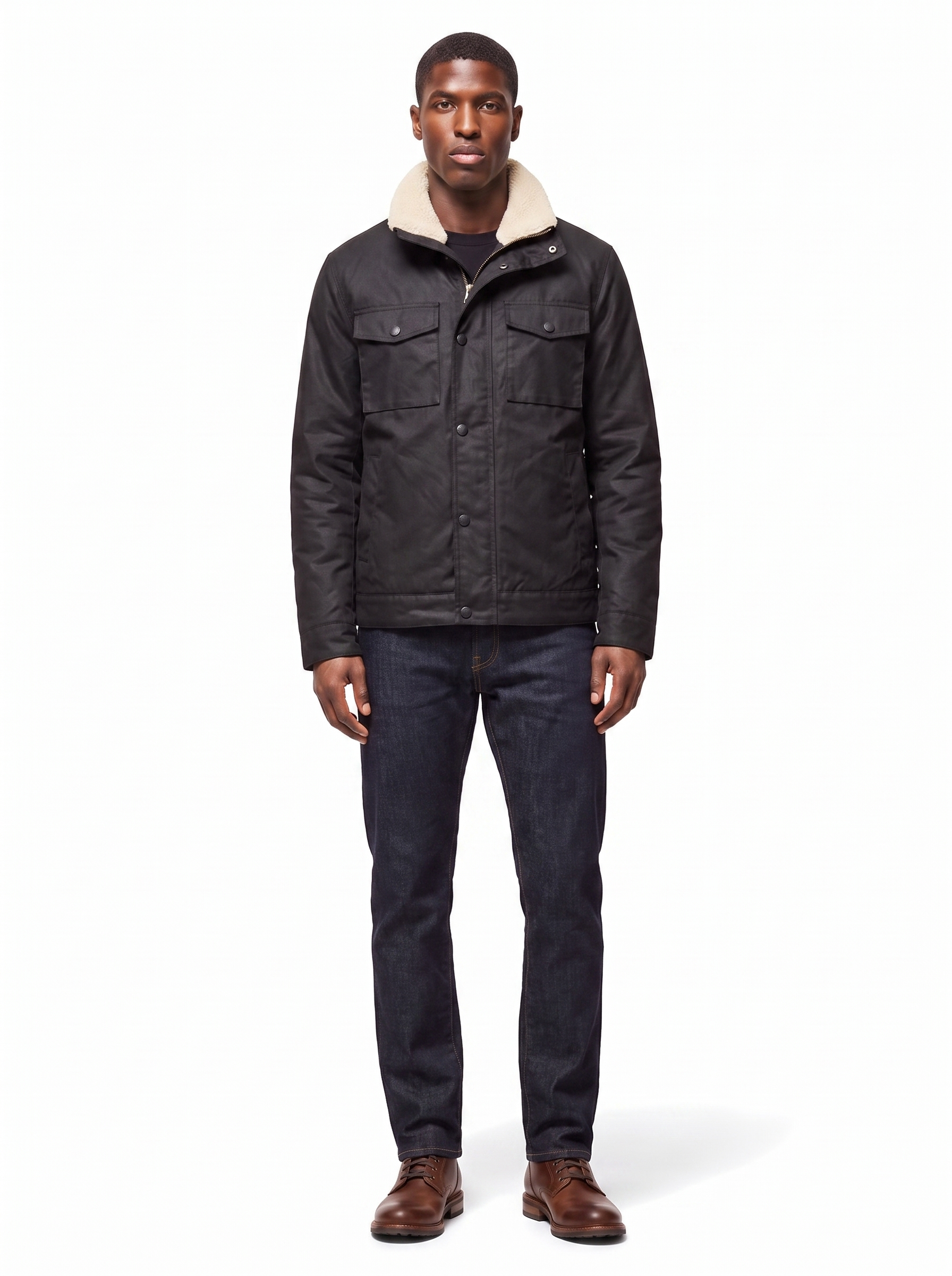 Black waxed canvas jacket with sherpa collar worn by model, front view on white