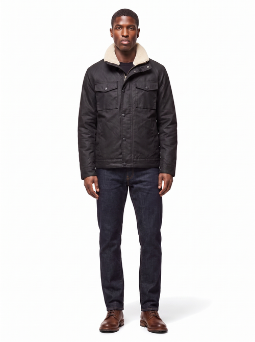 Black waxed canvas jacket with sherpa collar worn by model, front view on white