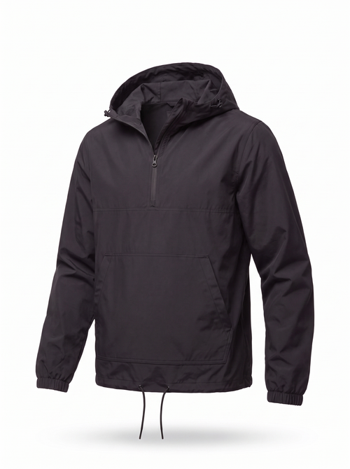 Black hooded anorak product shot on white background