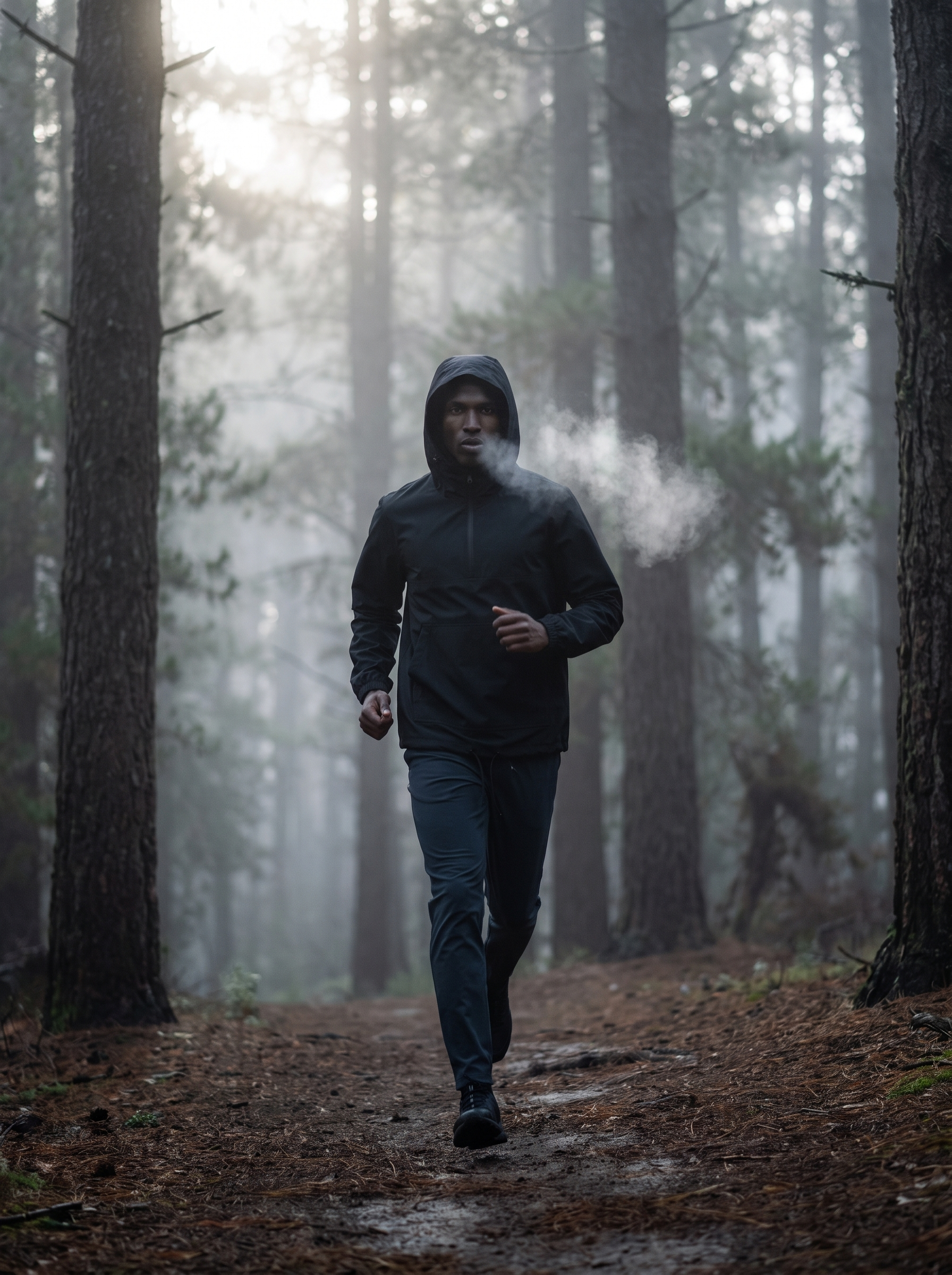 Man wearing black anorak on misty morning forest trail, lifestyle