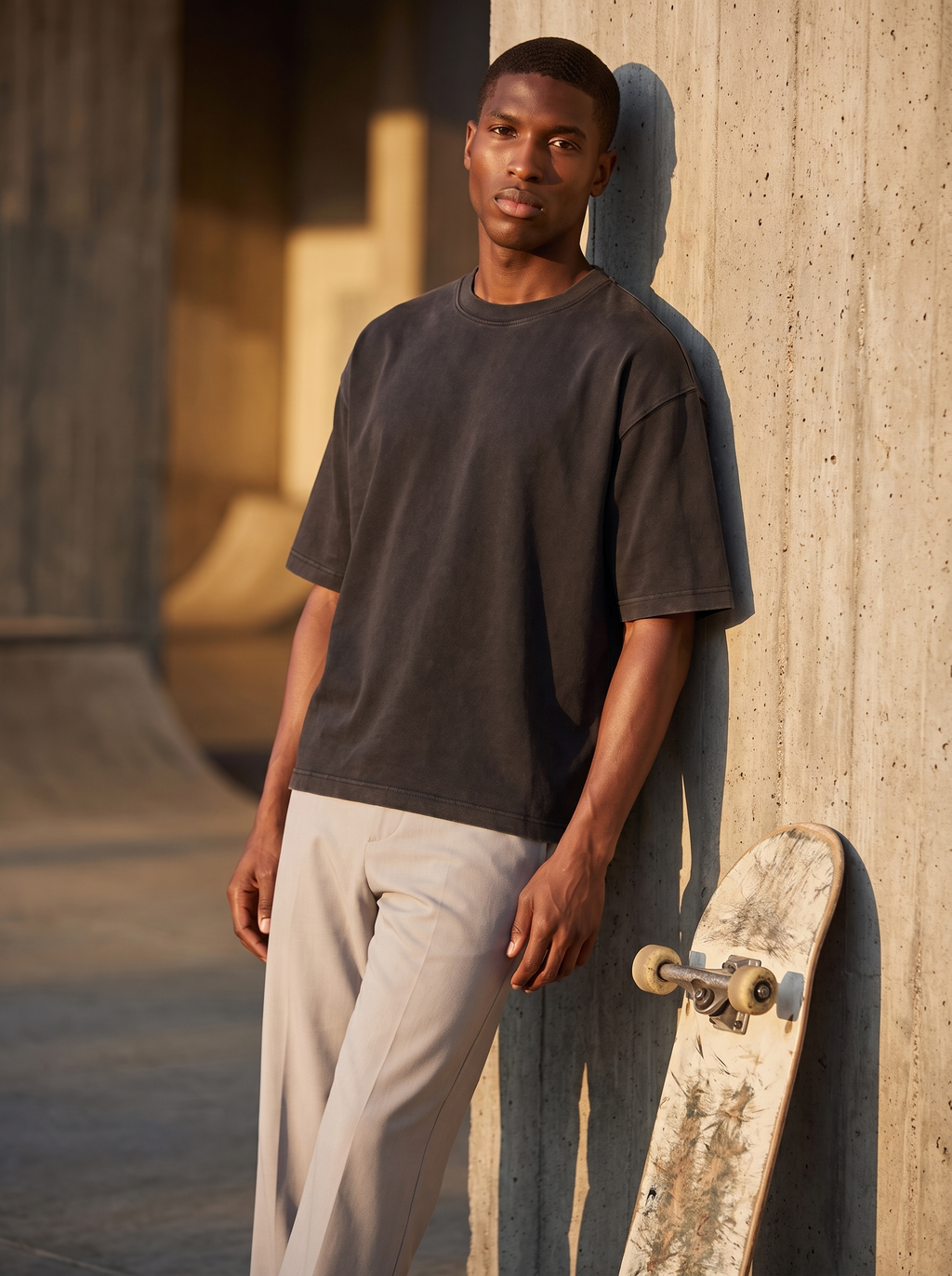 Man wearing washed black boxy tee in urban golden light, lifestyle