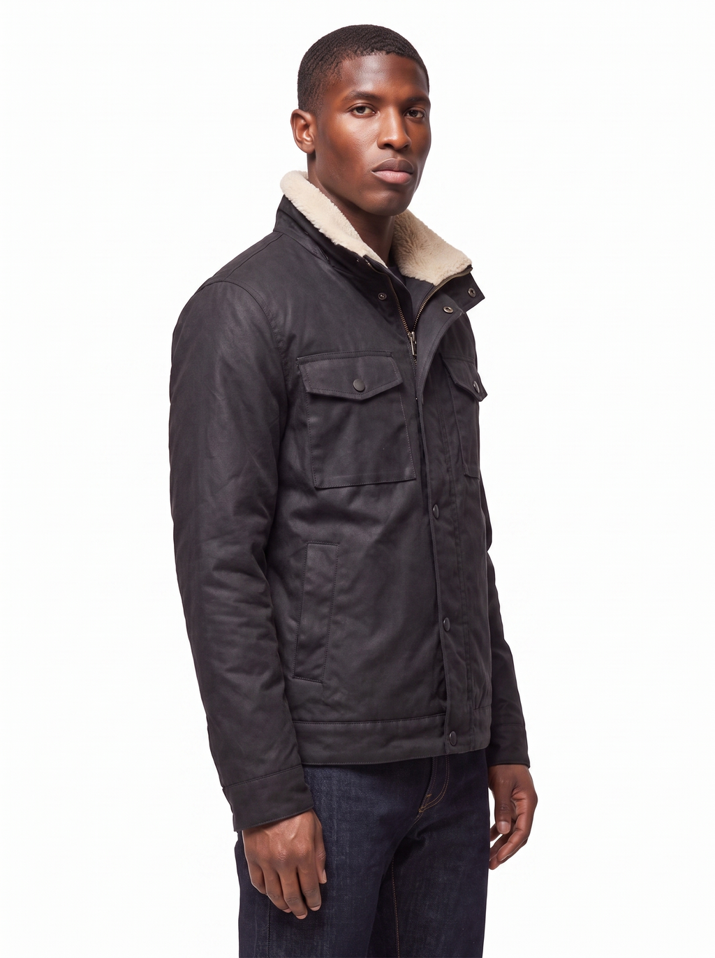 Waxed canvas jacket structured fit three quarter view